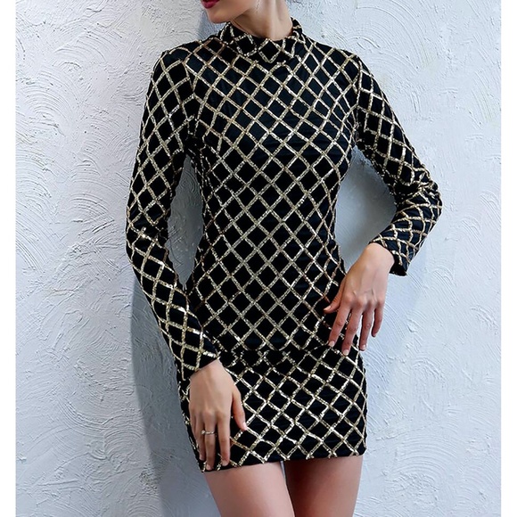 Black Gold Geo Print Sequin Bodycon Party Dress - Picture 7 of 10